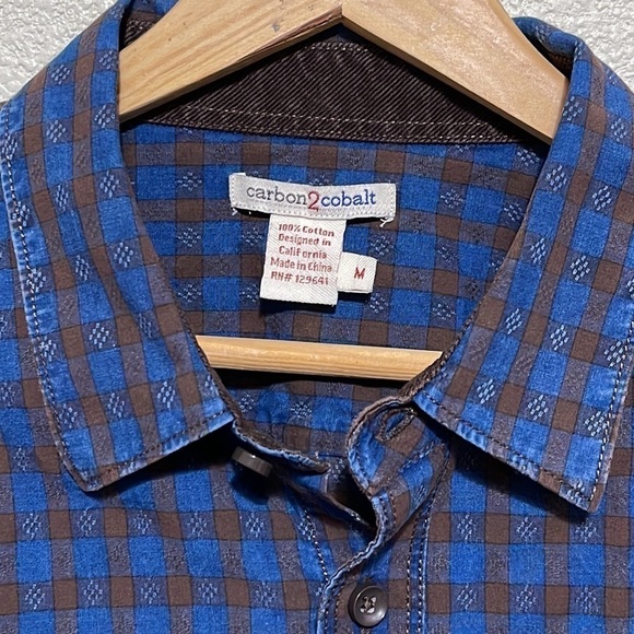 Carbon 2 Cobalt Blue Brown Plaid Pattern Long Sleeve Shirt Size M - Picture 5 of 10
